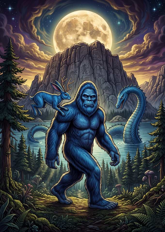 Bigfoot with Jackalope and Sea Serpent