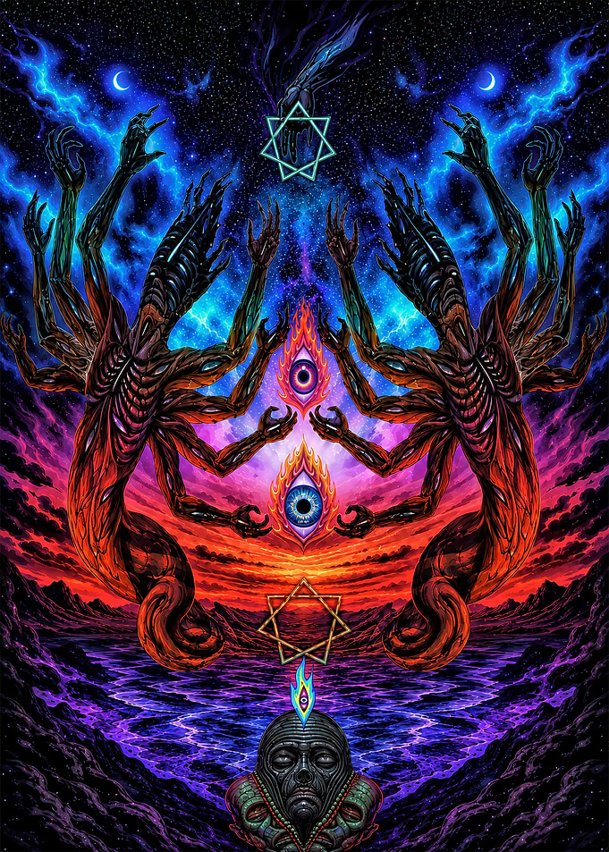 Surreal Cosmic Entities and Mystic Symbols