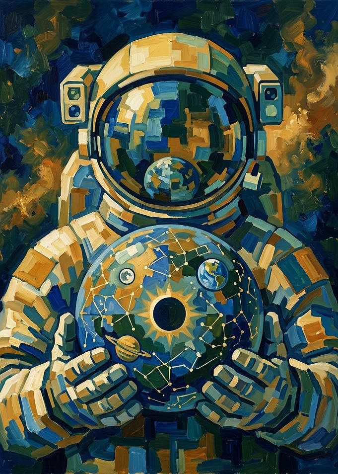 Astronaut Holding Celestial Globe Painting