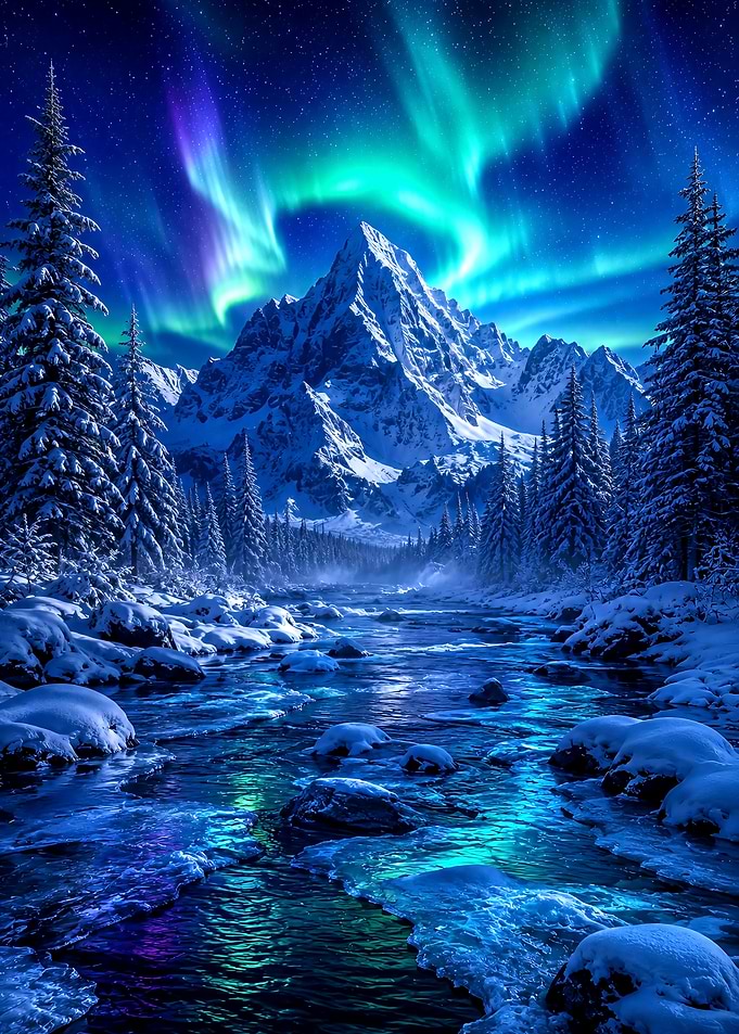 Aurora Borealis Over Snowy Mountain River