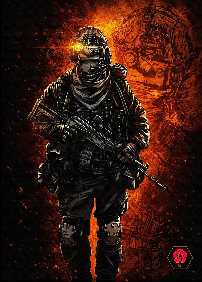 Tactical Soldier in Fiery Combat Gear