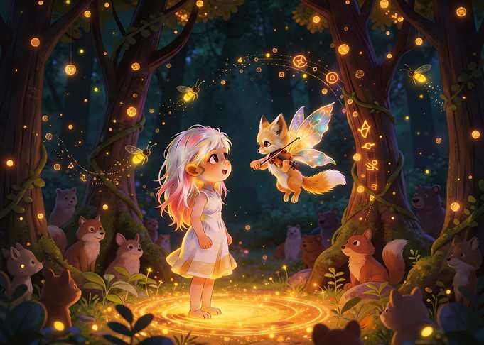 Girl and Fairy Fox in Forest