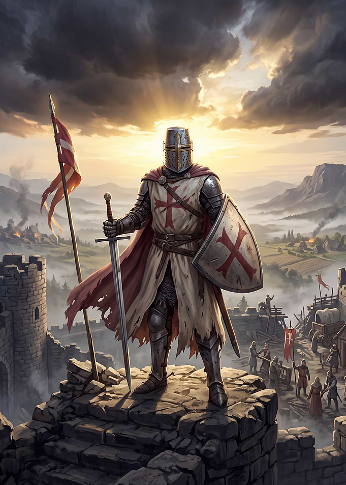 Crusader Knight Standing on Castle Ramparts