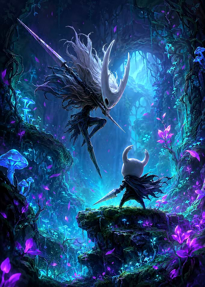 Hollow Knight Battle in Glowing Forest