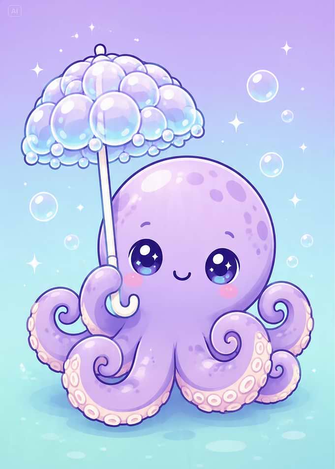 Cute Purple Octopus with Bubble Umbrella