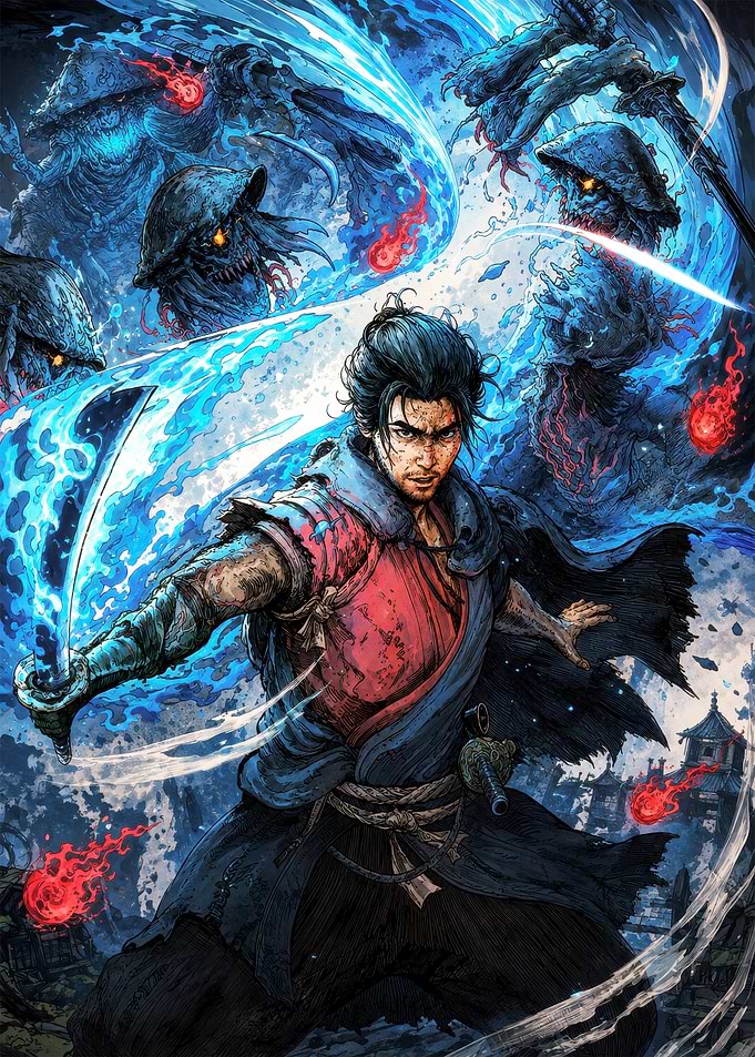 Samurai Warrior Battling Spectral Yokai
