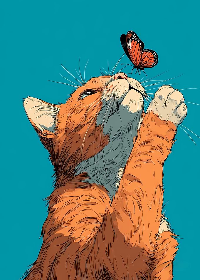 Ginger Cat Reaching for a Butterfly