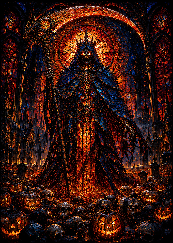 Stained Glass Grim Reaper Halloween Scene
