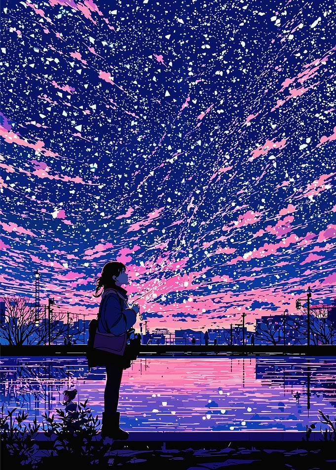 Anime Girl Under Starry Pink Sky