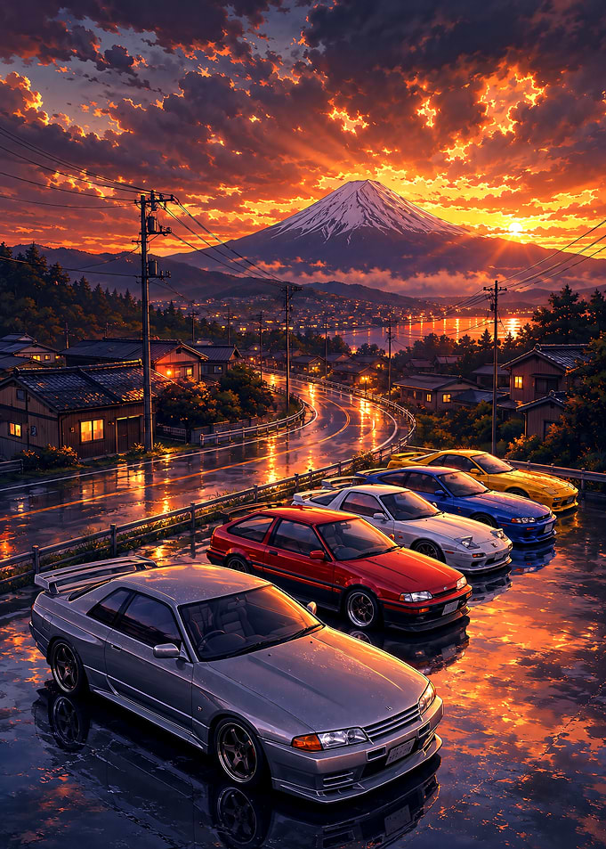 JDM Cars at Mount Fuji Sunset