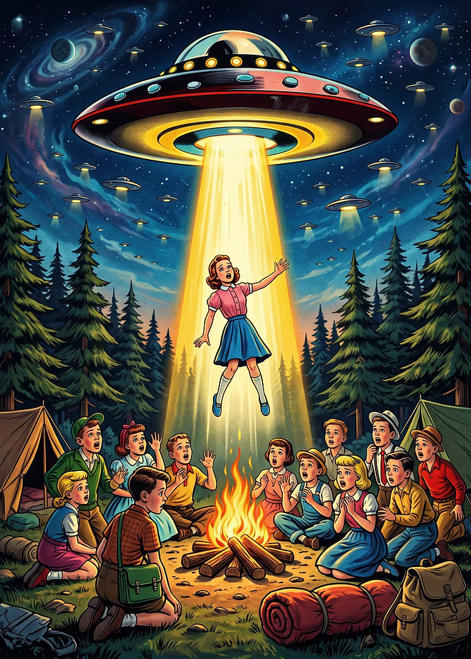 Retro Alien Abduction Campfire Scene