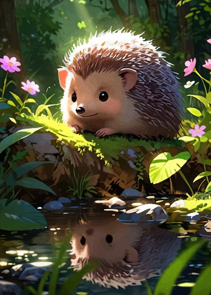 Cute Hedgehog by a Forest Stream