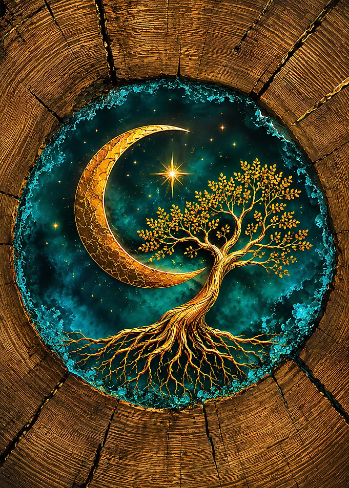 Golden Tree and Crescent Moon Art