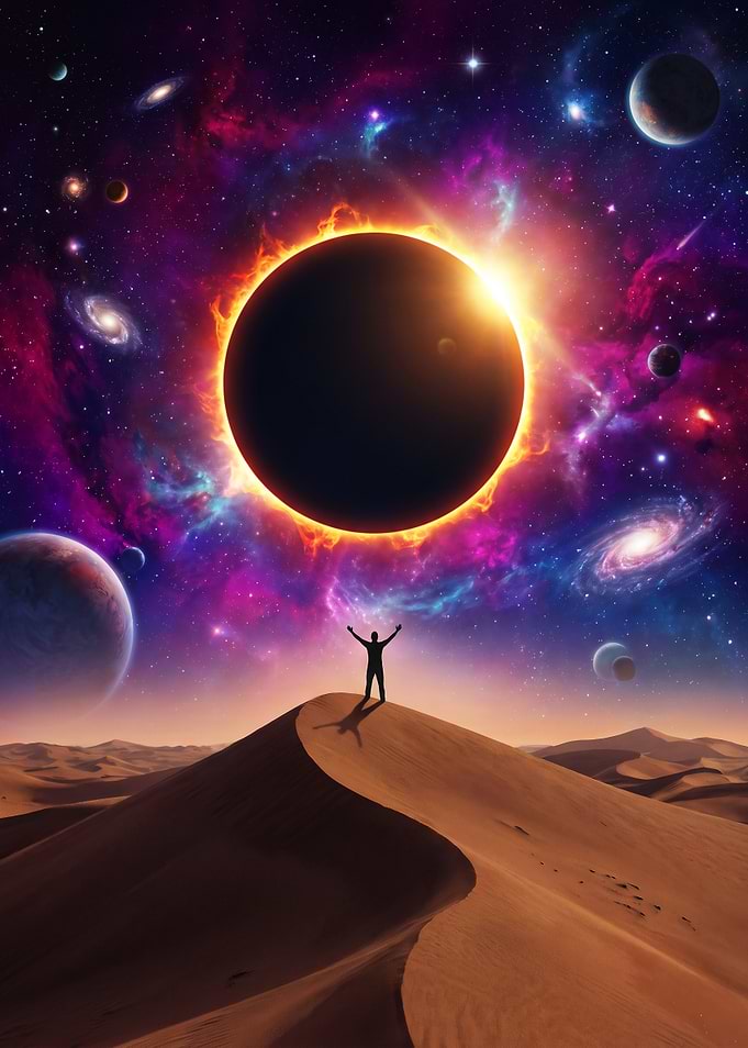 Silhouette Standing Under Cosmic Eclipse