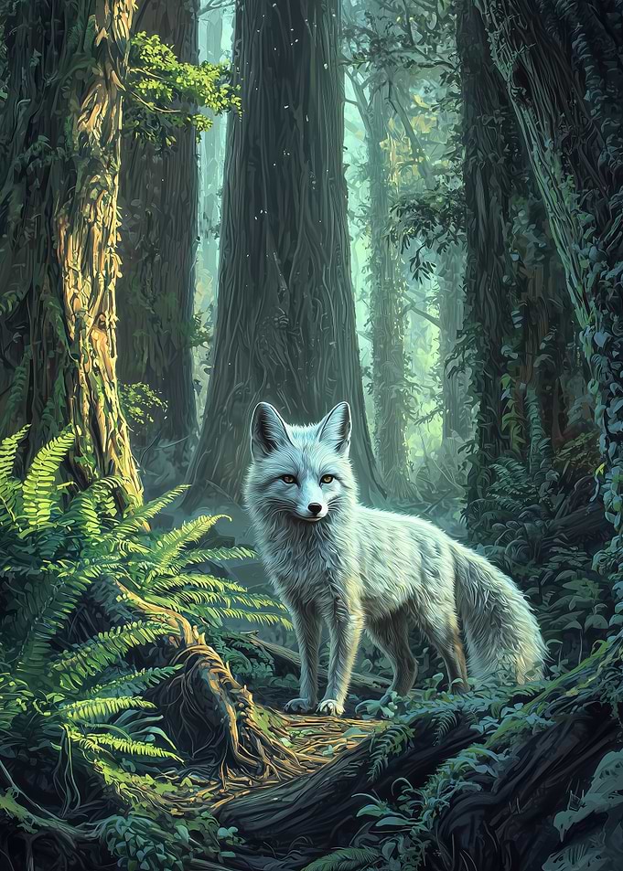 White Fox in the Mystical Redwood Forest