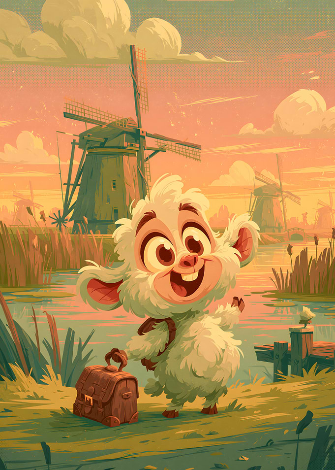 Cute Fluffy Creature Traveling by Windmills
