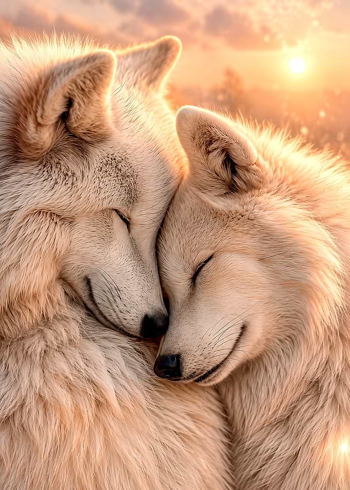 Two White Wolves Cuddling at Sunset