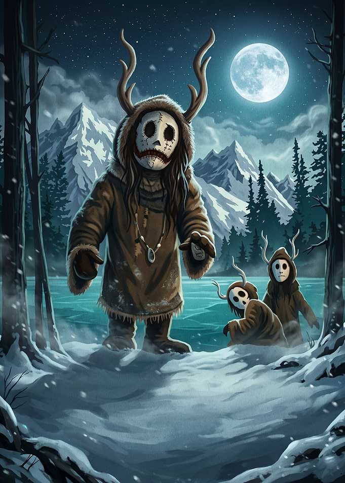 Mysterious Antlered Figures in Winter Landscape