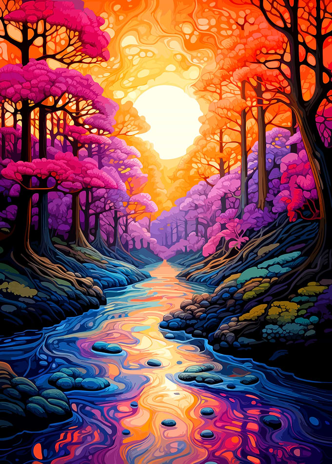 Vibrant Surreal Forest River Sunset