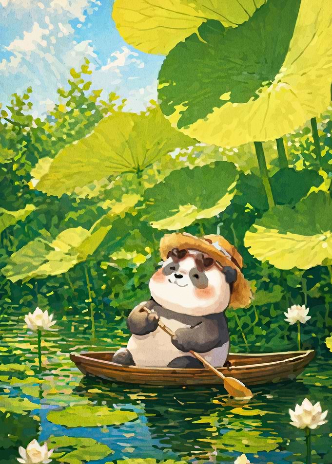 Cute Panda Rowing a Boat