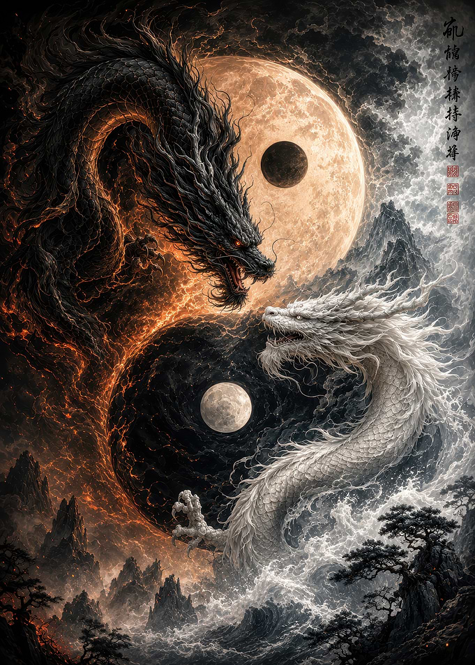Yin Yang Dragon Duality Art