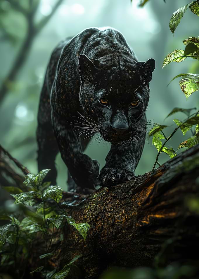 Black Panther Stalking Through the Misty Jungle
