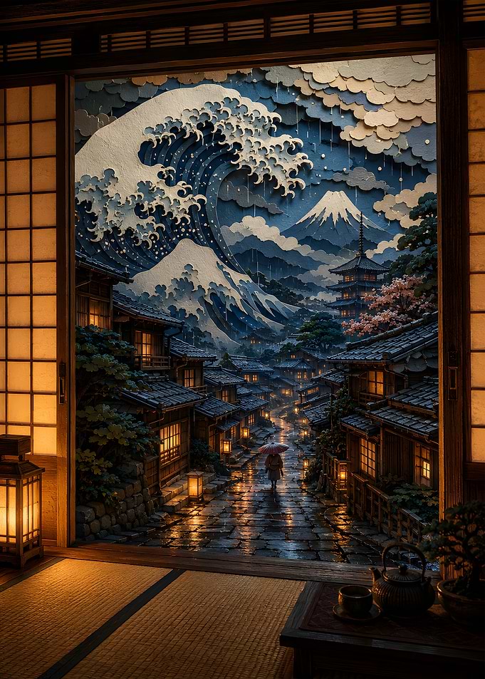 View of Rainy Japanese Village from Tatami Room