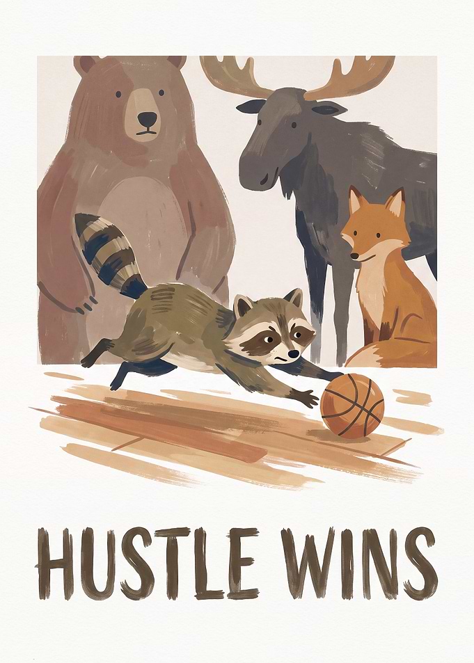 Hustle Wins Woodland Animal Basketball Art