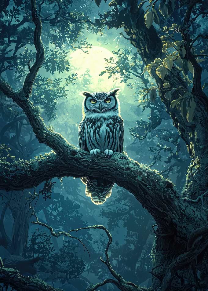 Owl Perched Beneath the Glowing Forest Moon