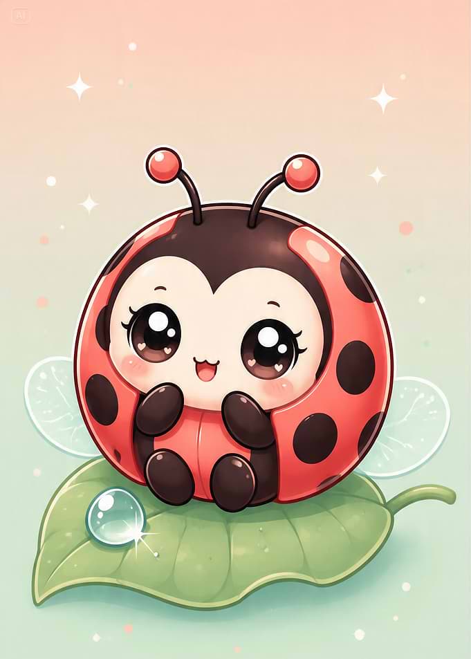Cute Chibi Ladybug on Leaf