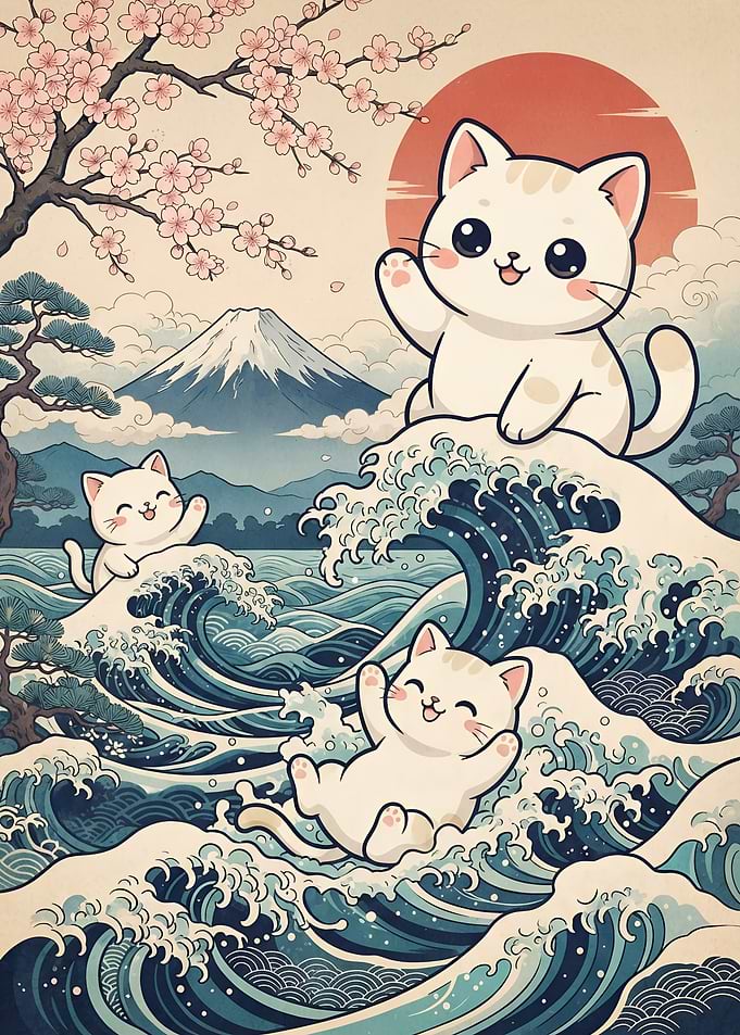 Cute Cats Surfing Japanese Waves