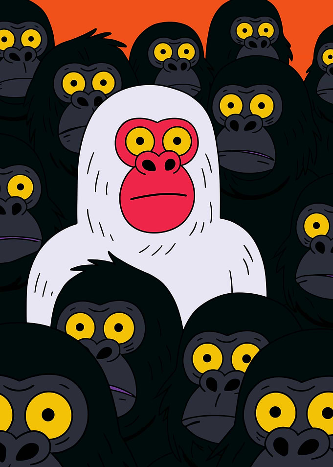 White Gorilla Among Black Gorillas