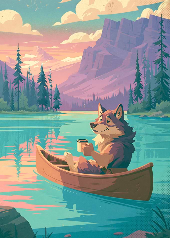 Wolf relaxing in a canoe