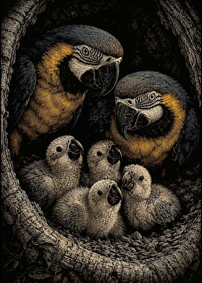 Macaw Family in Tree Hollow