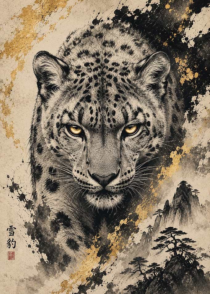 Majestic Snow Leopard Ink Art