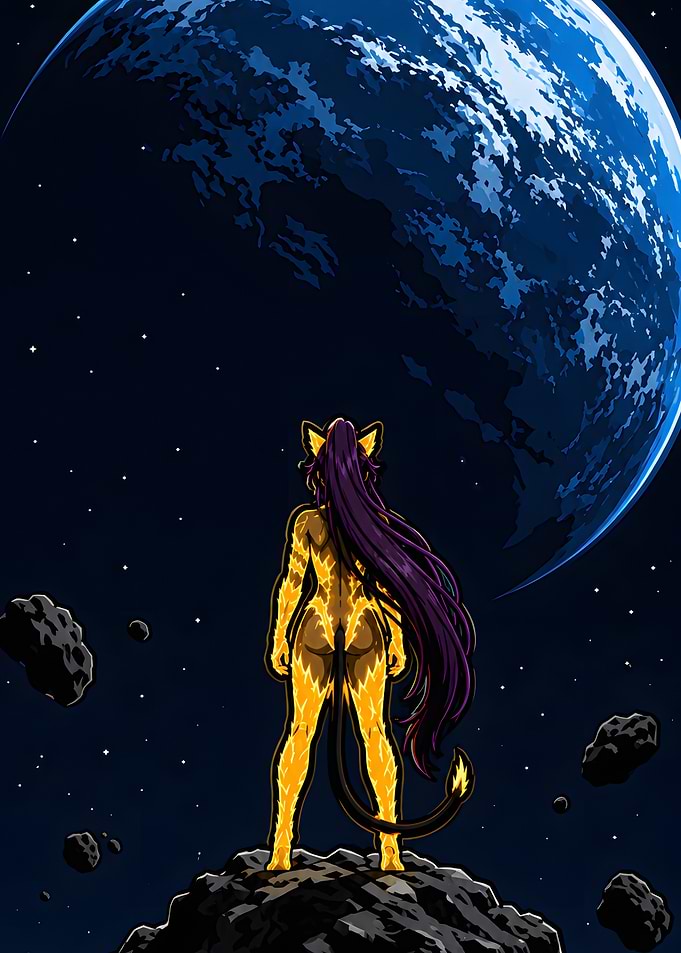 Furry character standing on asteroid in space