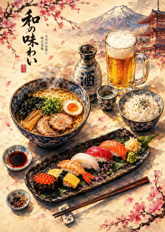 Traditional Japanese Ramen and Sushi Feast