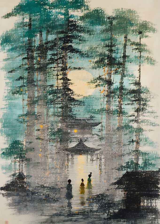 Ethereal Forest Temple Under Full Moon