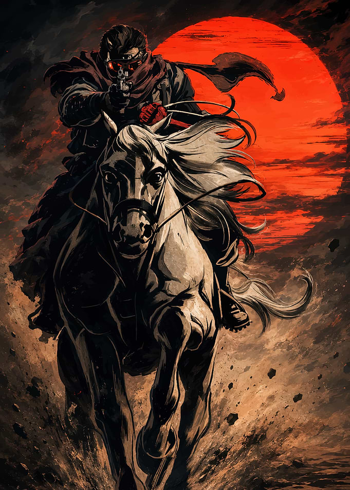 Gunslinger Riding Horse Under Red Sun