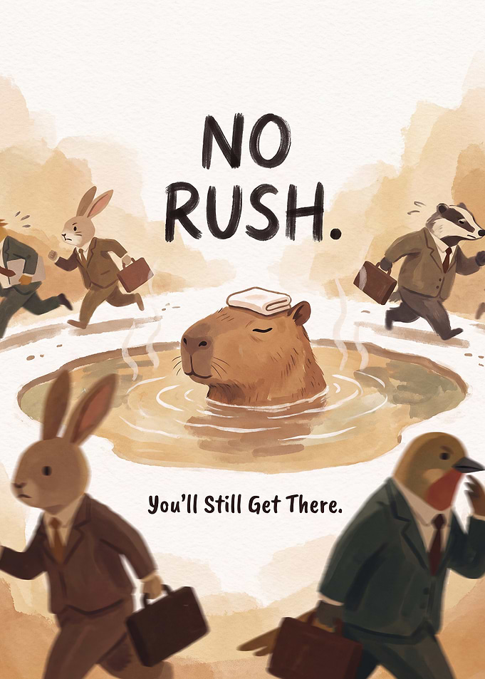 No Rush Capybara Inspirational Illustration