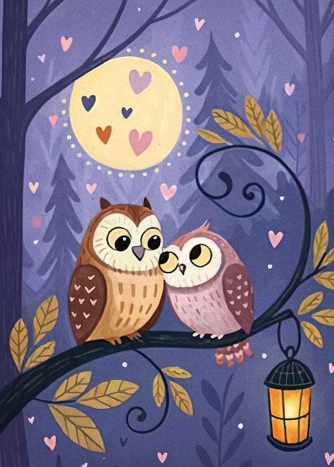 Two Cute Owls Under Heart Moon