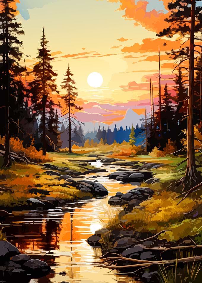 Golden Sunset Over Forest Stream