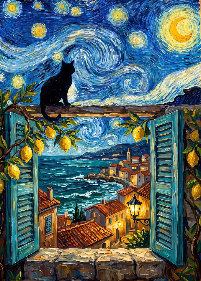 Black Cat Watching Starry Night View