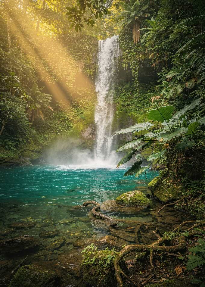 Sunlit Tropical Waterfall in Lush Forest