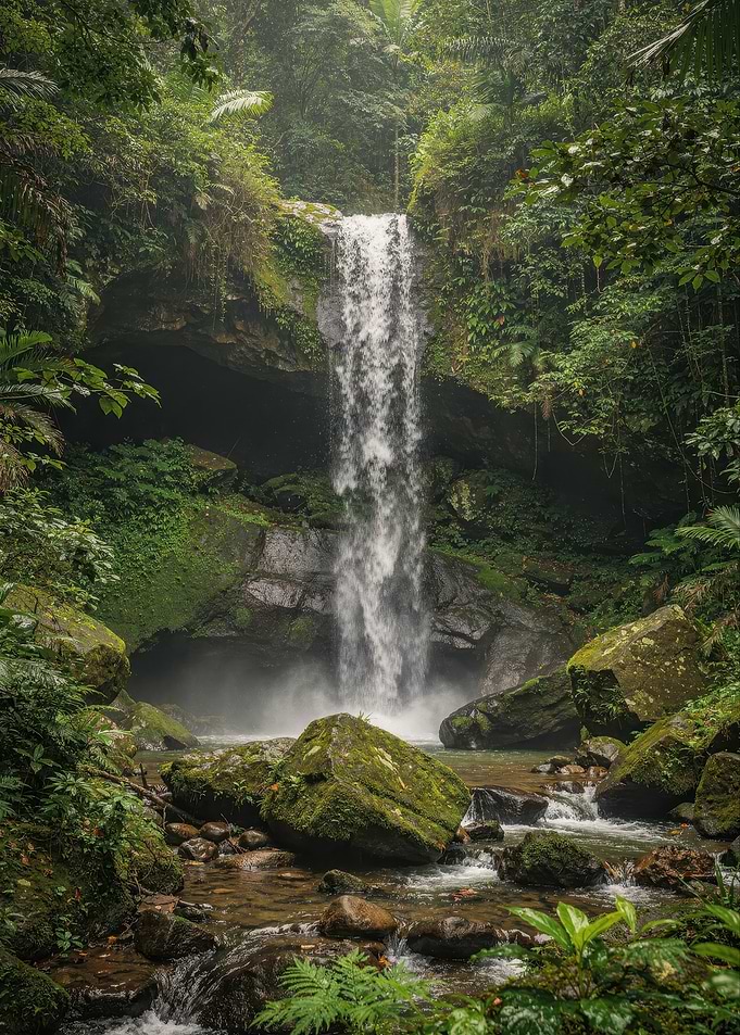 Lush Tropical Waterfall in Rainforest