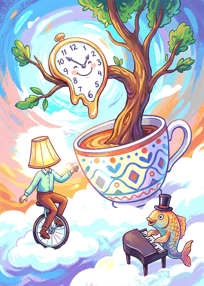 Surreal Dreamscape with Lamp-Headed Unicyclist