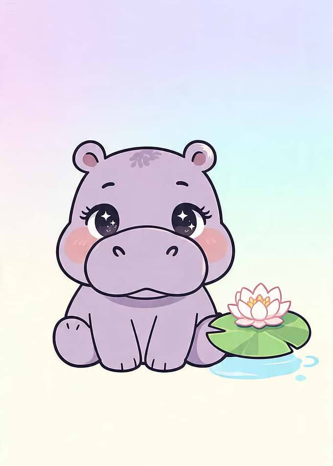 Cute Kawaii Baby Hippo Illustration