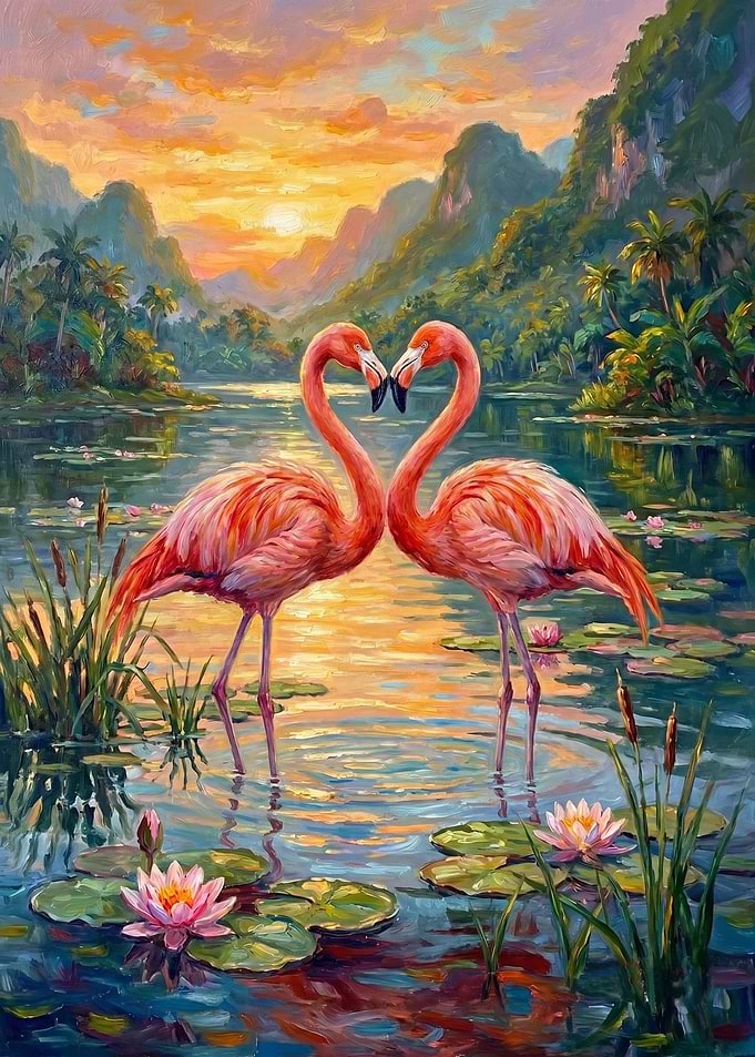 Flamingos Forming a Heart at Sunset