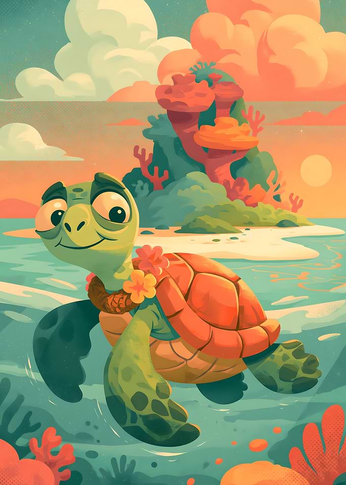 Cute Cartoon Sea Turtle Tropical Scene