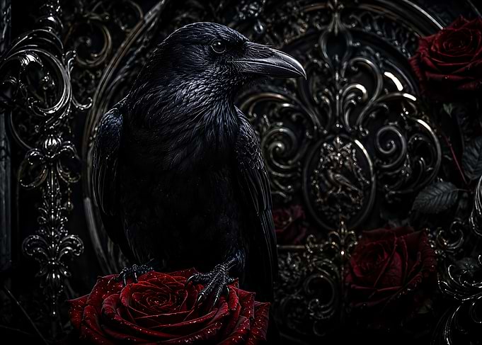 Gothic Raven Perched on Red Rose